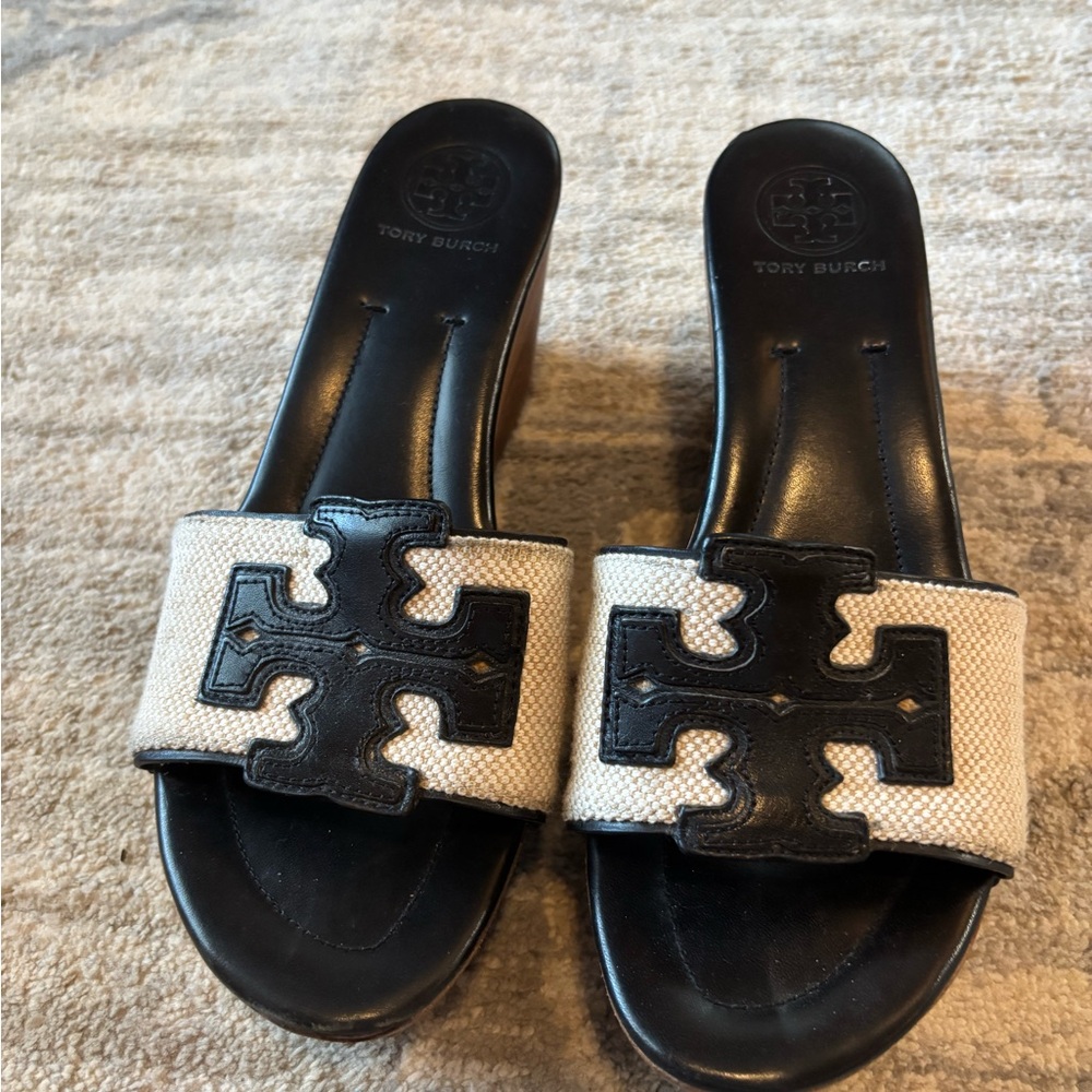 Tory Burch Black and Cream Logo Slide Sandals